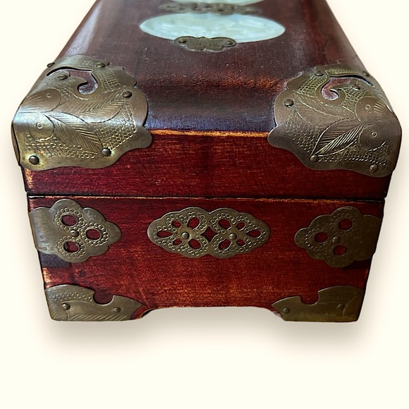 Vintage Chinese Wooden Jewelry Box | Jade + Brass Details | Green Lining | $70 - Picture 8 of 10